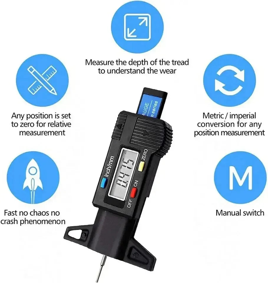 Digital Tire Tread Depth Gauge | 0-25mm LCD Caliper Tool detail view