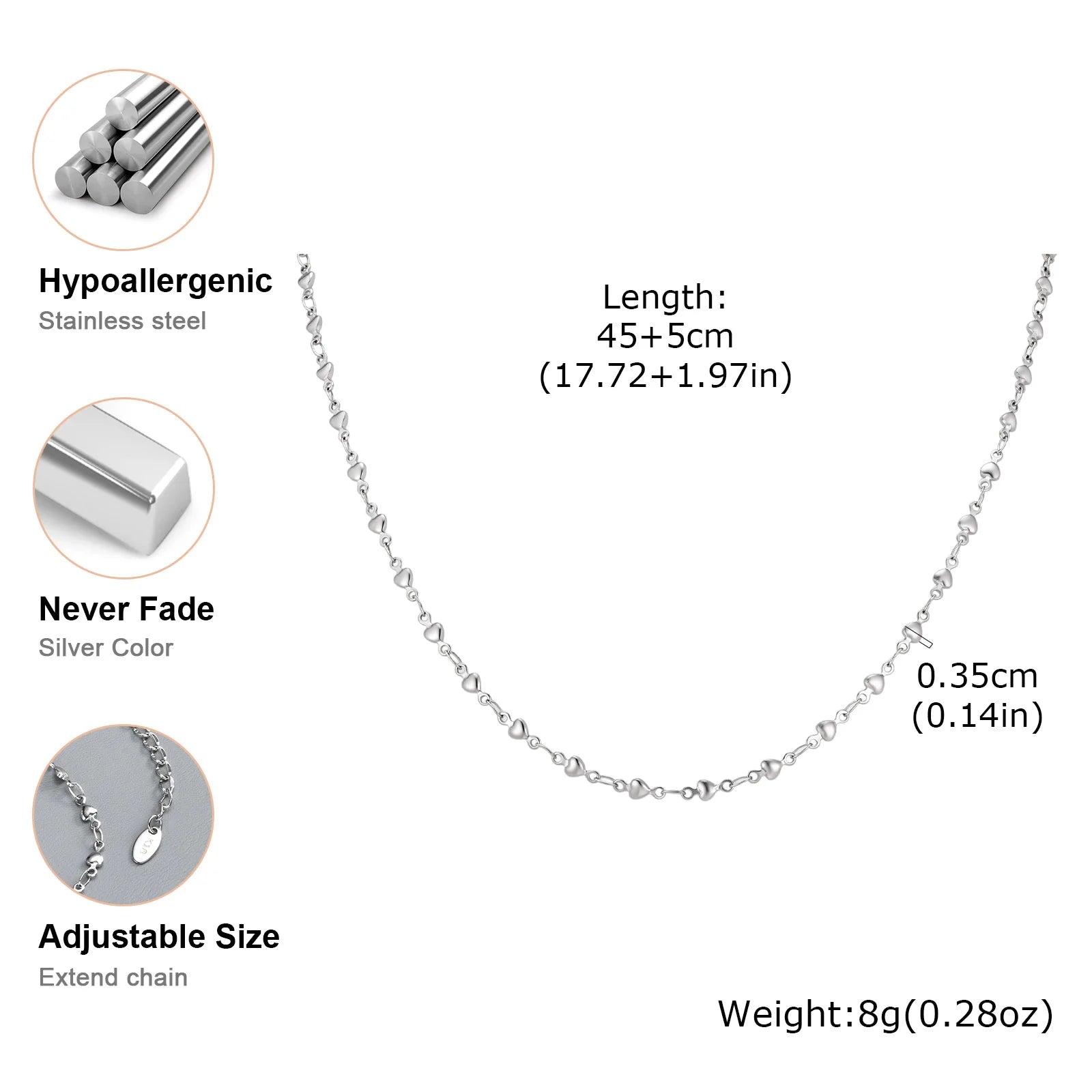 Vnox Minimalist Heart Link Chain Necklace Trendy Stainless Steel Stacked Clavicle Chain detail view
