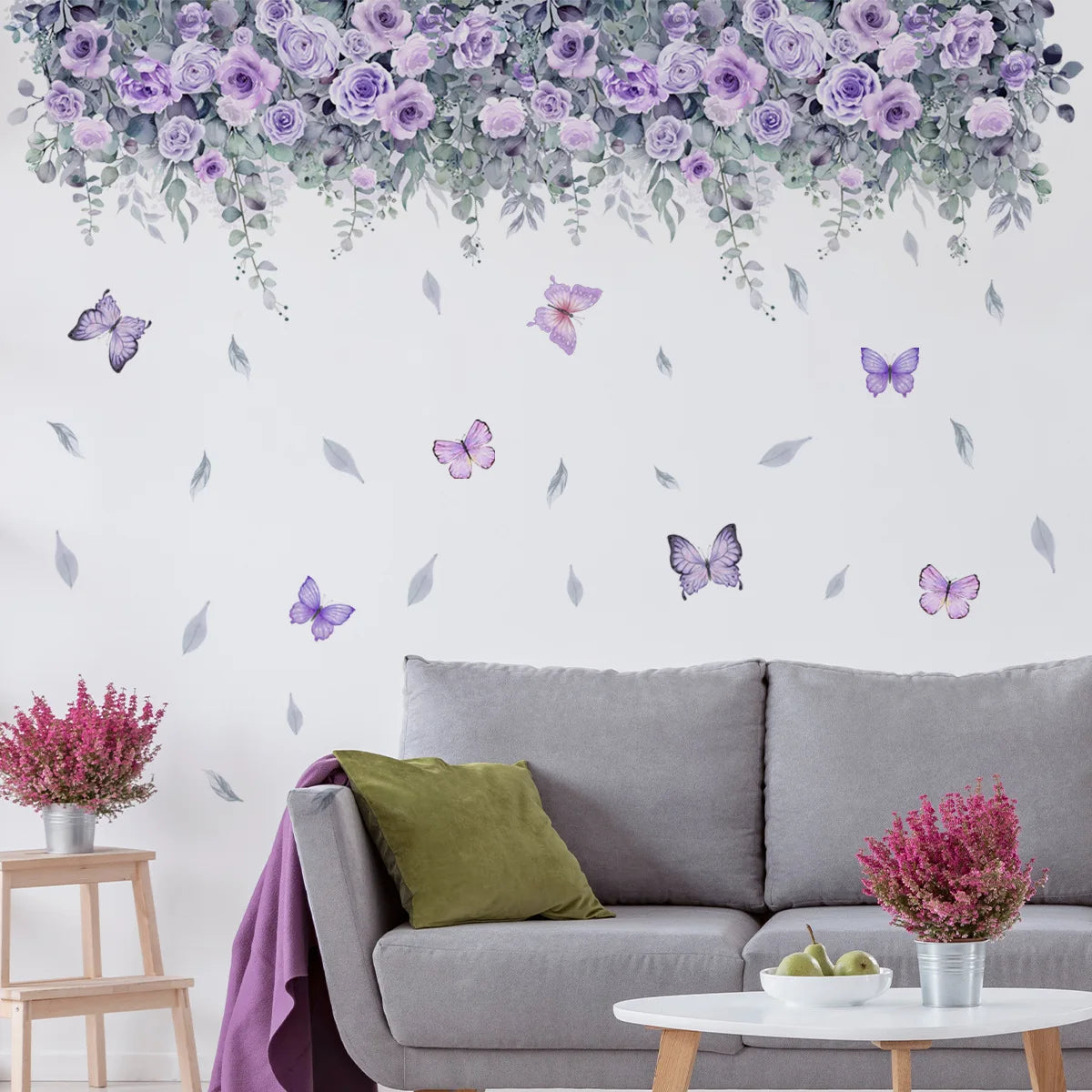 Purple Flower Wall Stickers Self Adhesive | Nordic Art Forest Butterfly Decals for Kid close-up view