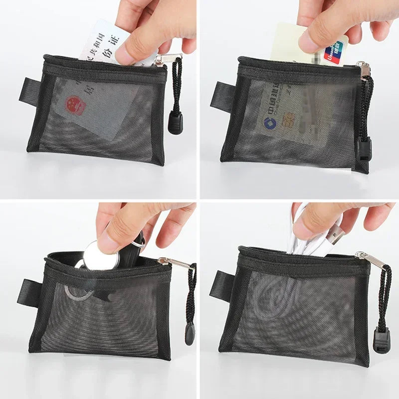 Mini Clear Nylon Mesh Zipper Coin Purse | Portable Wallet for Cards, Keys, and Lipstic close-up view