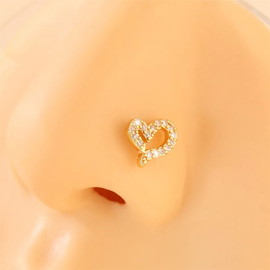 Beautiful Love Heart Nose Stud Crystal Copper Head 20G Stainless Steel Bar Women Nose Piercing Ring
