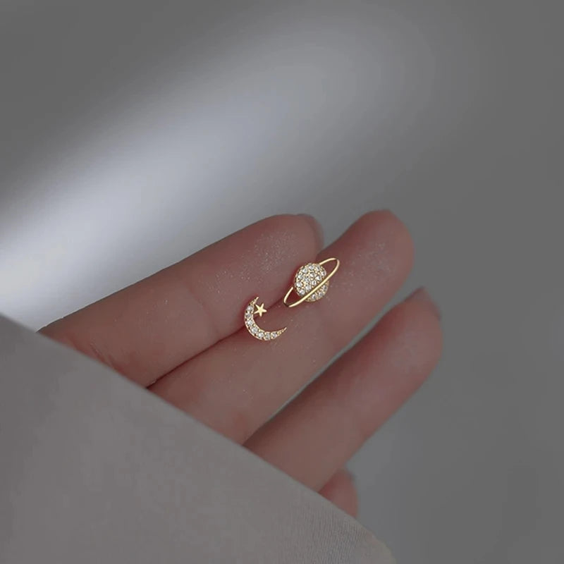 Simple Fashion Zircon Star Moon Mini Earrings for Women Cute Korean Planet Asymmetric close-up view