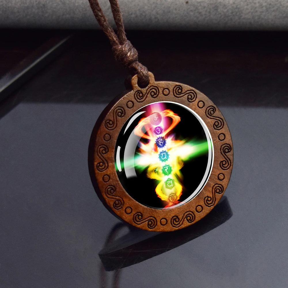 7Chakra Symbol Necklace Yoga Meditation Glass Dome Vintage Wooden Pendant Rope Chains alternate view