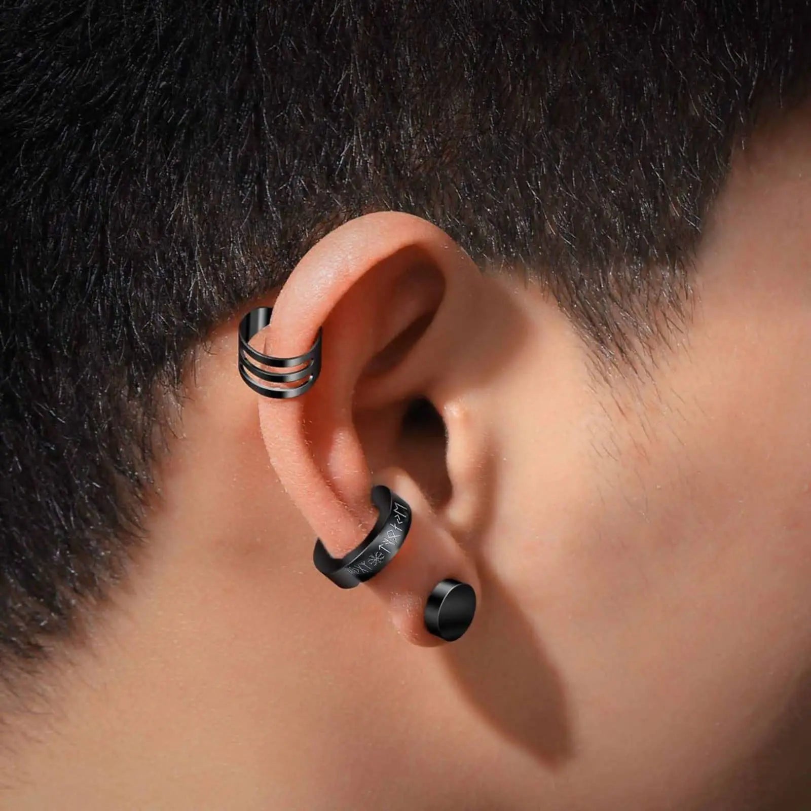 1Pc Norse Viking Runes Hoop Earrings for Men Women Stainless Steel Huggie Hoop Earrin lifestyle view