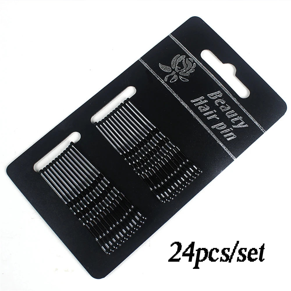 24pcs/set Simple Black Wavy Hairpins Reusable Non Slip Metal Invisible Bobby Pins Side close-up view