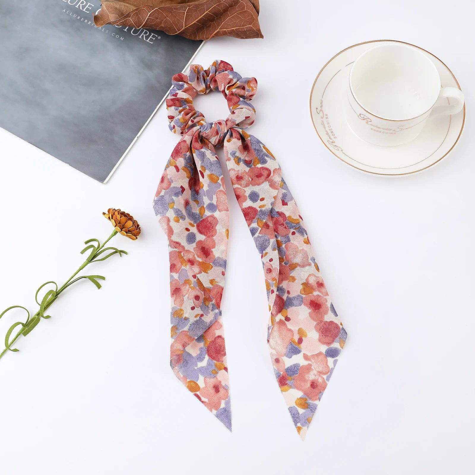 Fashion Flower Print Bow Satin Long Ribbon Ponytail Scarf Tie Scrunchies Women Girls E close-up view