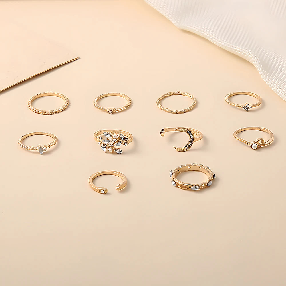 10Pcs Rings Suit For Women Gold-color Chain Ring Set Bohemian Style Coin Snake Moon Star detail view