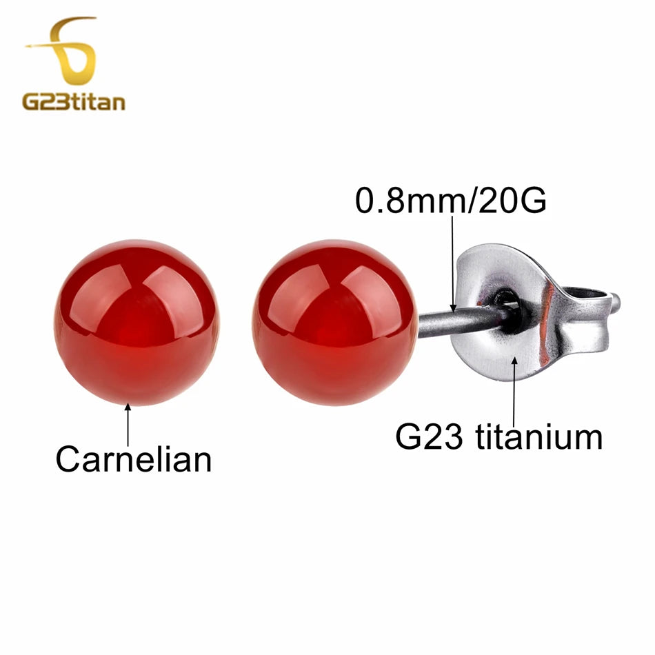 Red Carnelian Titanium Stud Earrings | Hypoallergenic Piercing Jewelry Gift detail view