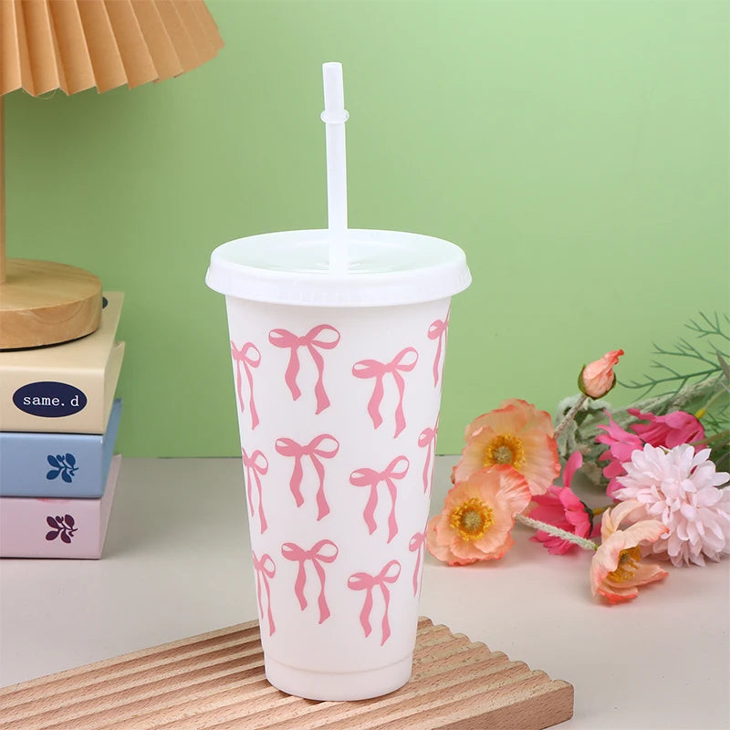 710ml Bow Reusable Party Cups With Straw Lid Coffee Juice Tea Cute Tumbler With Straw lifestyle view