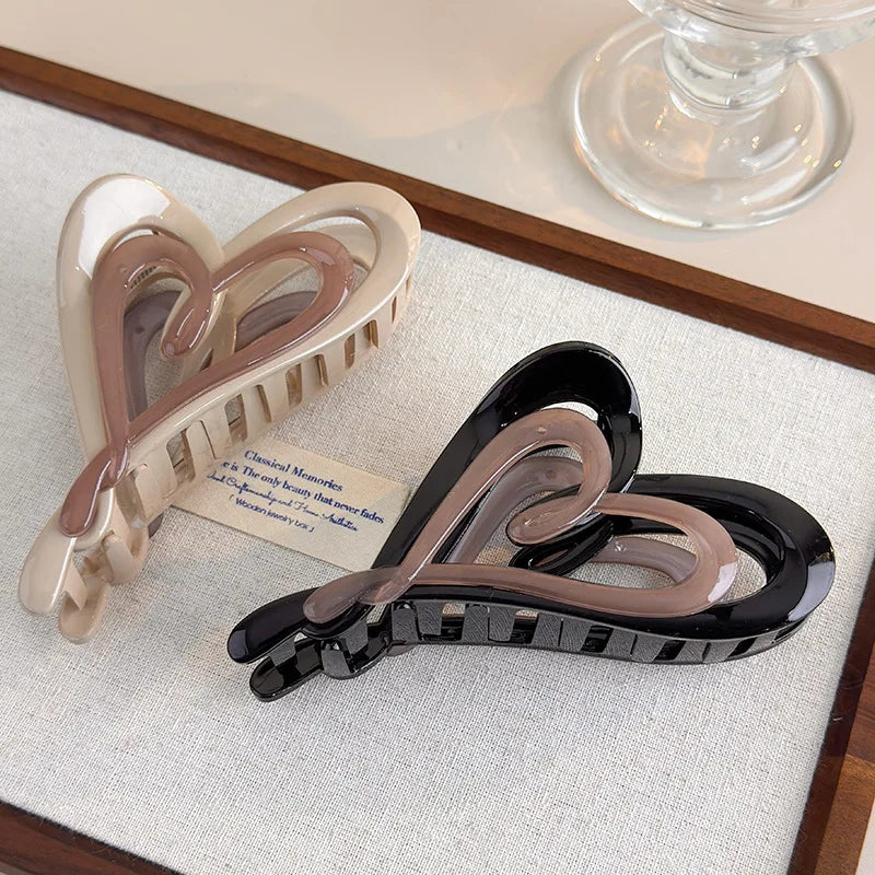 Autumn-Winter Latte Gradient Double-Layer Heart-Shaped Hair Clip Unique Instagram-Style Asymmetrical Back Hair Clip