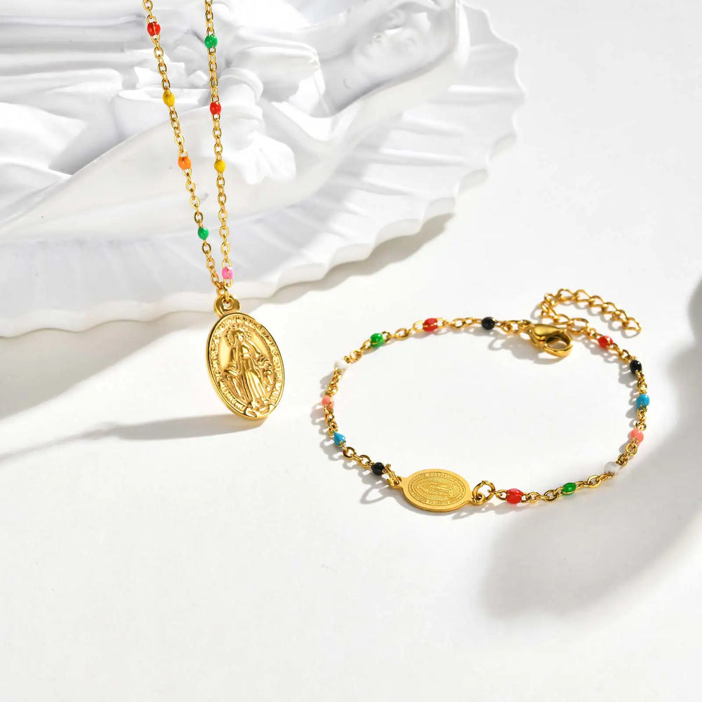 Bohemian Colored Virgin Oval Necklace | Gold Plated Stainless Steel Rosary Chain alternate view