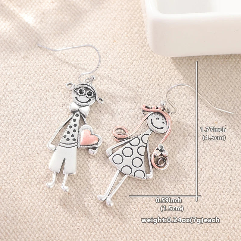 Creative Fashion Boy and Girl Pattern Dangle Earrings Women Vintage Silvery Plated Festival Pendant Earrings Jewelry Accessories
