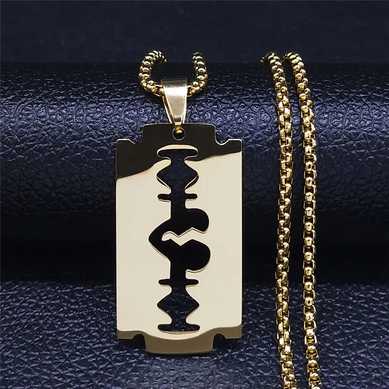 Gothic Blade Razor Pendant Necklace | Stainless Steel Black Goth Men's Chain alternate view
