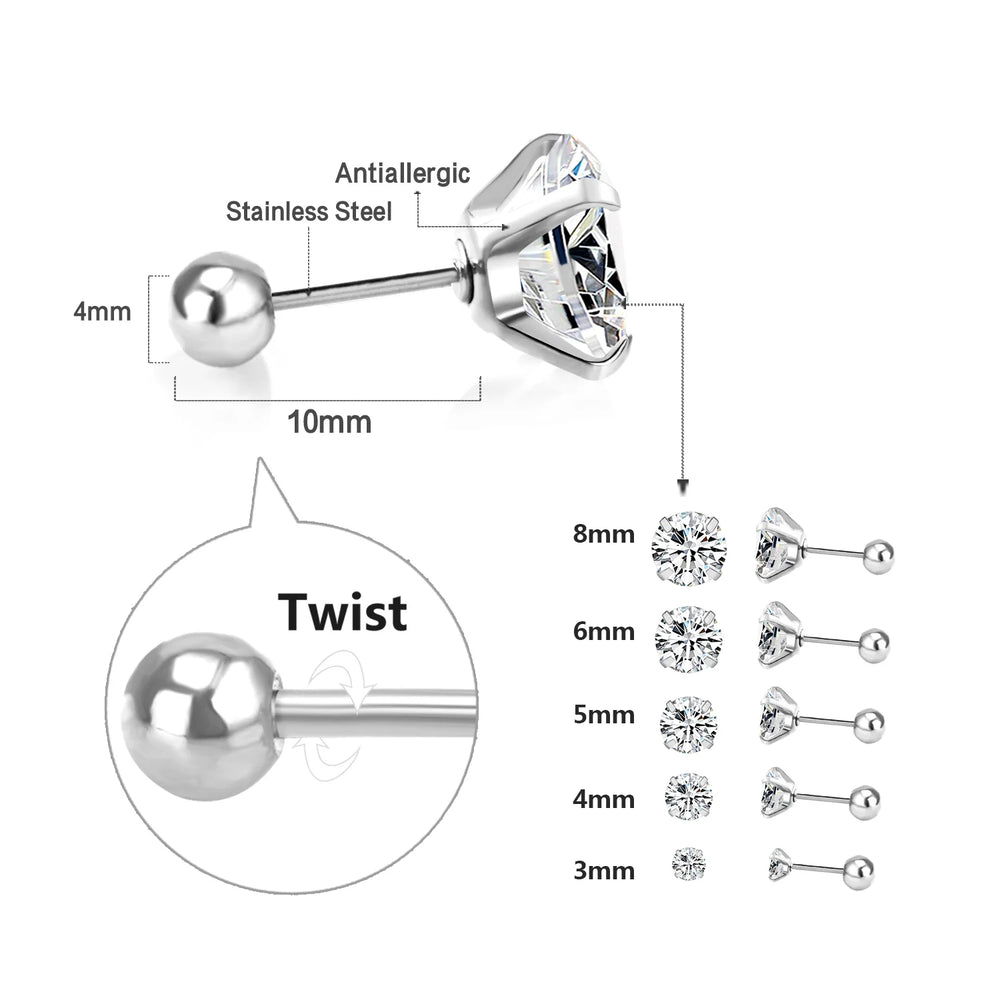 LUXUSTEEL Stainless Steel Round Cubic Zirconia Stud Earrings | Silver Screw-Back Earri close-up view