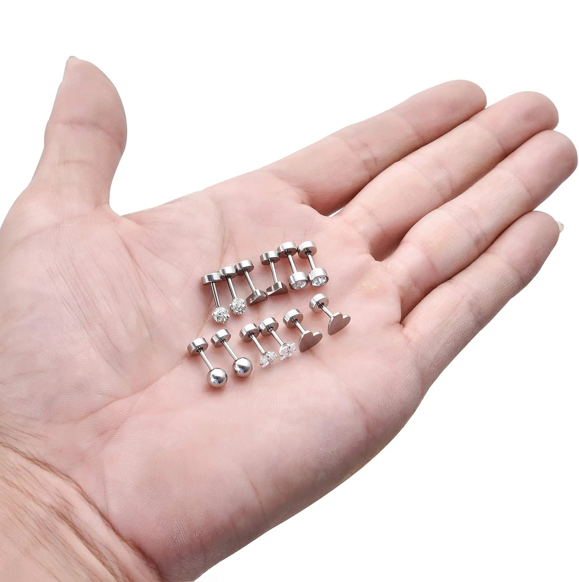 18 Pairs 14K Gold Plated Surgical Steel Screw Flat Back Stud Earrings Tiny Cartilage lifestyle view