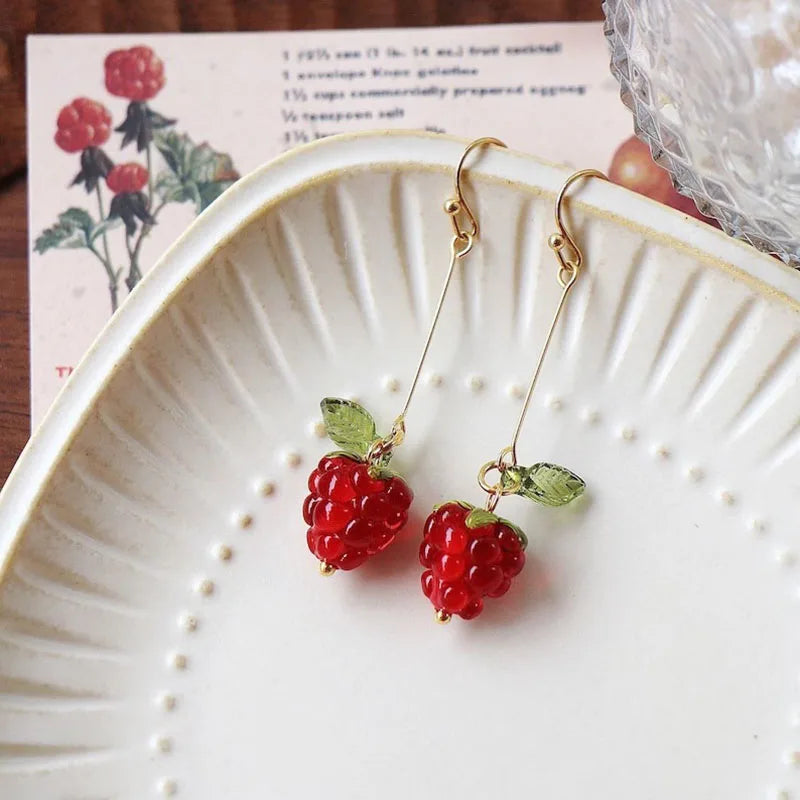 Raspberry Earrings | Cute Fruit Aesthetic Handmade Drop Earrings detail view