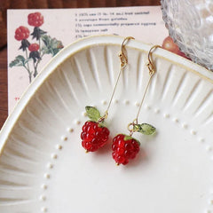 Raspberry Earrings | Cute Fruit Aesthetic Handmade Drop Earrings detail view
