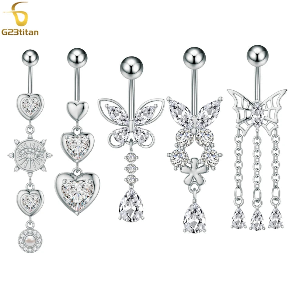 14G Crystal Heart Butterfly Dangle Belly Button Rings CZ Zircon Drop Navel Barbell Belly Rings Body