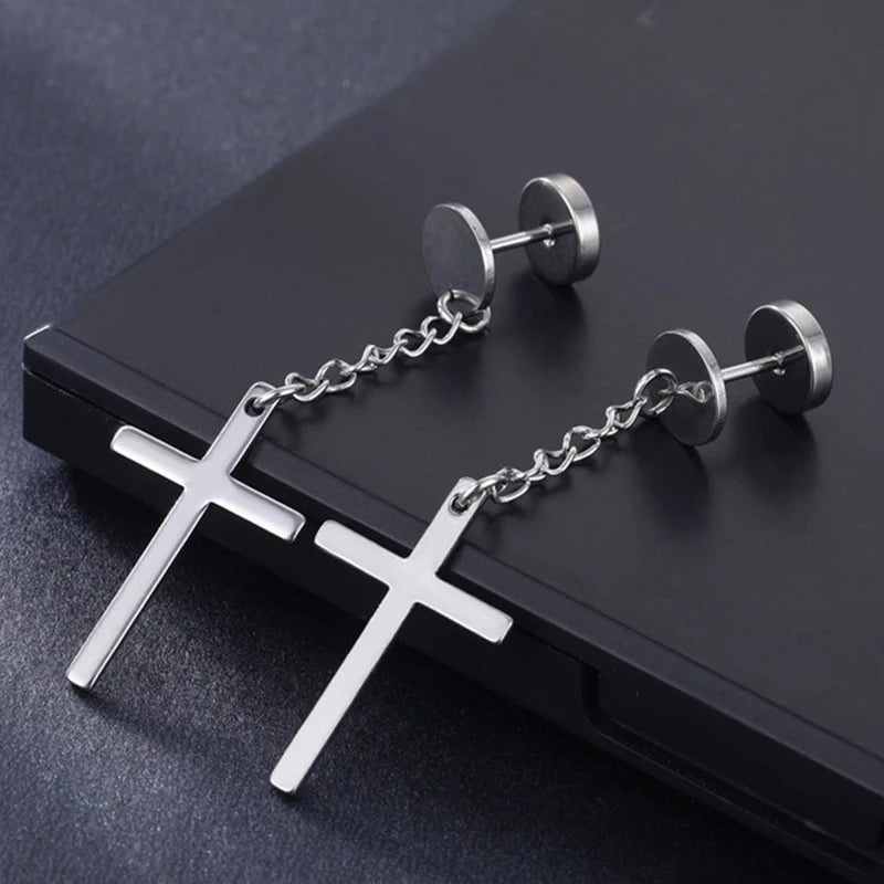 1 Pairs Punk Gothic Stainless Steel Stud Earring Cross Round Fake Ear Taper Dumbbell F close-up view