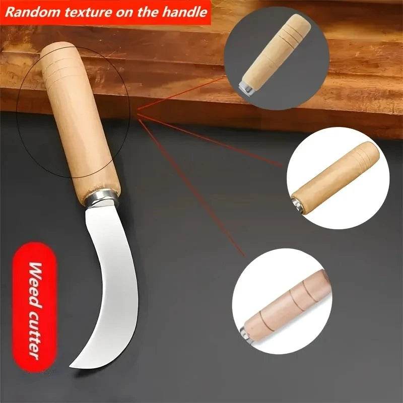 Curved Stainless Steel Weeding Tool with Wooden Handle | 2-in-1 Garden Tool for Outdoo close-up view