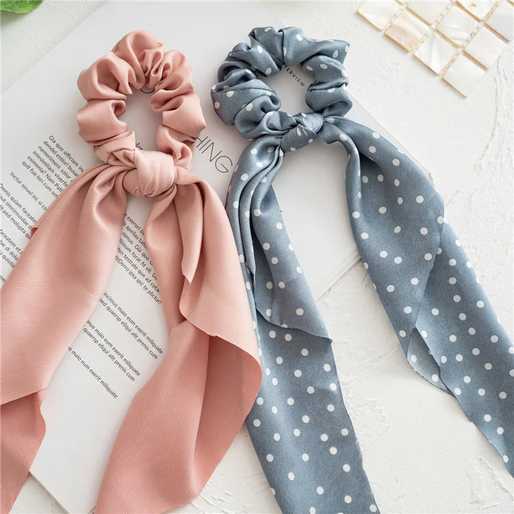 Fashion Leopard Print Bow Satin Long Ribbon Ponytail Scarf Hair Tie Scrunchies Women G close-up view