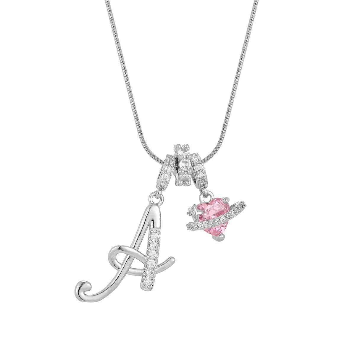 Fashion Letter Necklace for Women Pink Zircon Heart-shaped Pendant Suitable for Girls to detail view