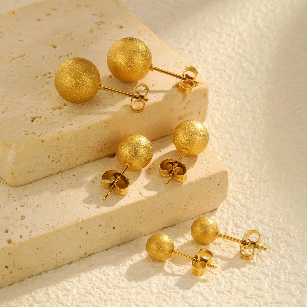 Gold Plated Stainless Steel Stud Earrings Set | 10mm 8mm 6mm Round Ball Earrings for lifestyle view