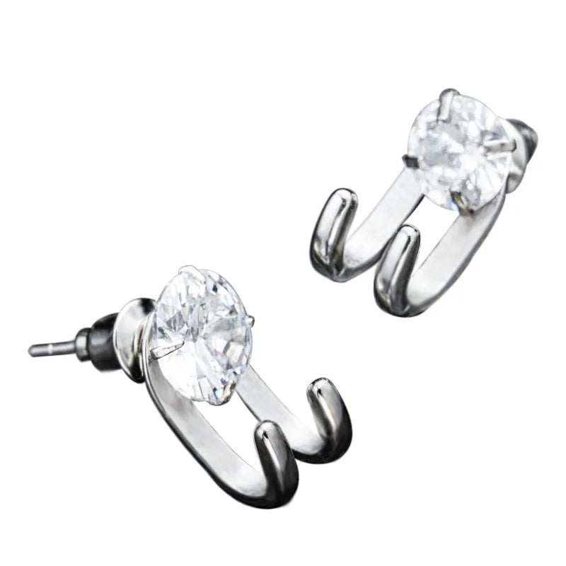 2023 New Simple Zircon Stud Earrings Single Trend Personality Hip-hop Niche Hook Shape E detail view