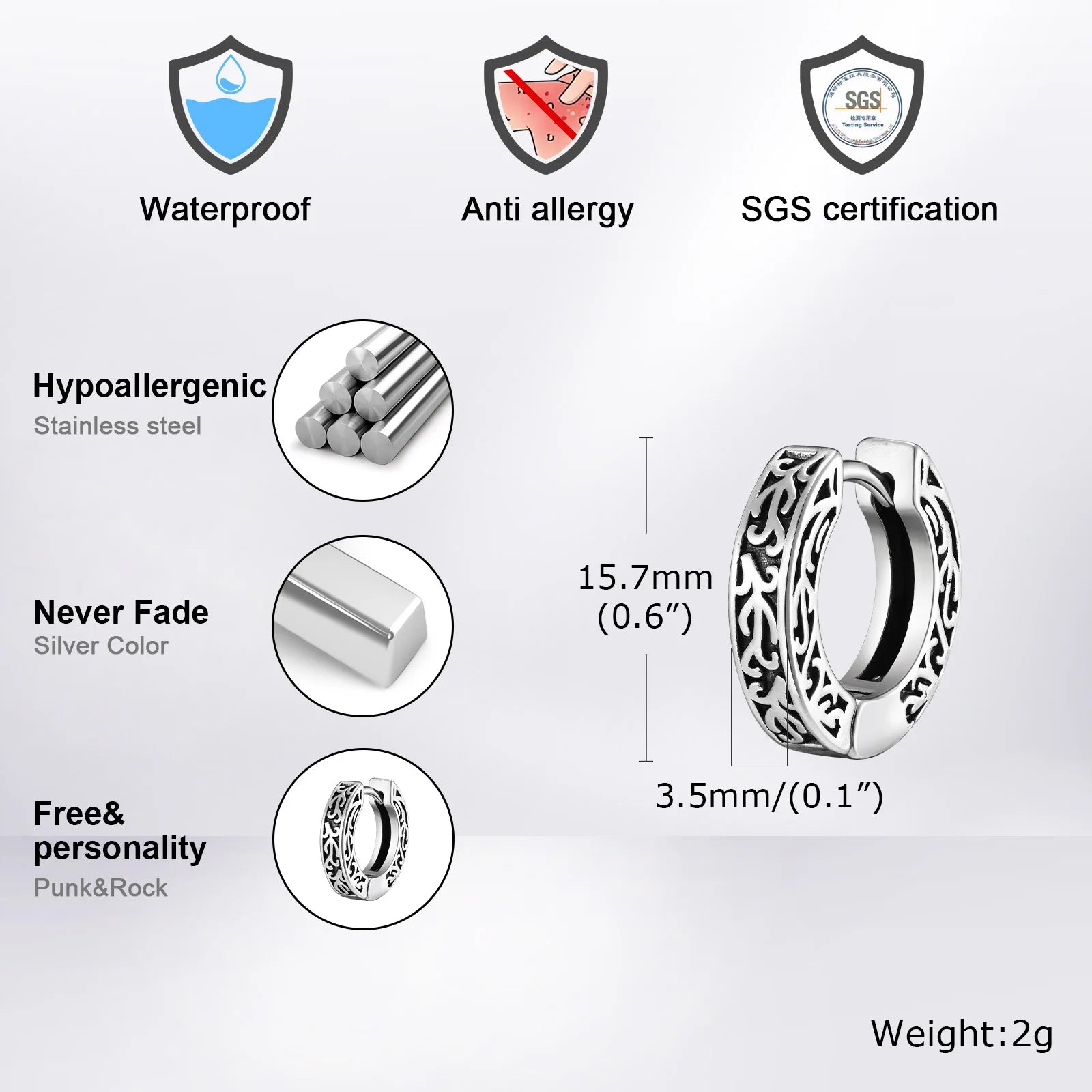 Stainless Steel Small Hoop Earrings for Men | Hypoallergenic Huggies additional angle