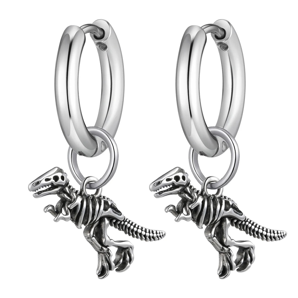Dinosaur Drop Earrings | Stainless Steel Punk Rock Jewelry for Men and Women