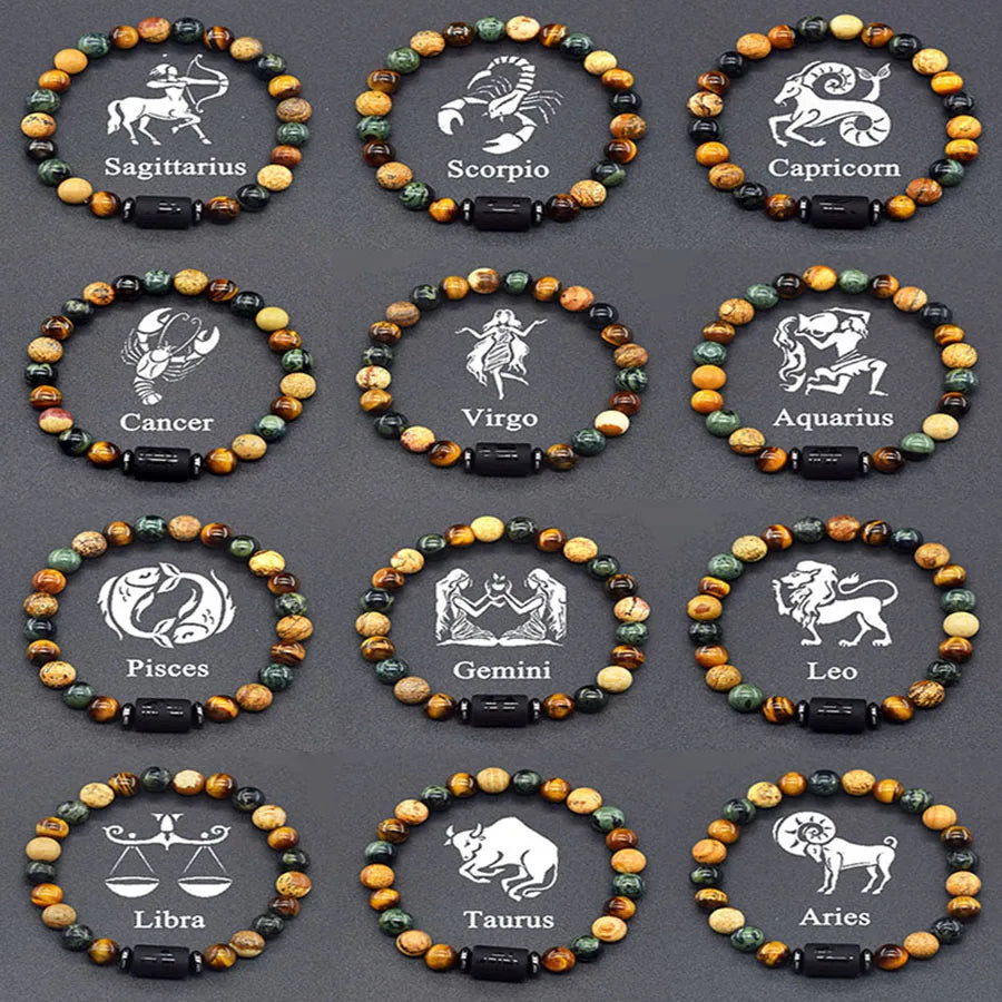 12 Zodiac Sign Bracelet Homme Constellation Bangle Natural Yellow Tiger Eye Stone Hemati detail view