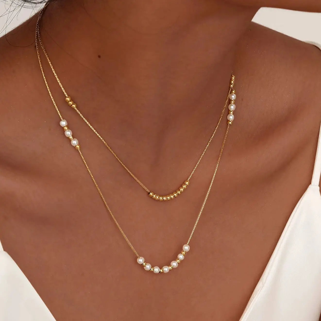 Trend Elegant Imitation Pearl Bead Double Layer Stacking Necklace for Women Stainless Steel Hammer C