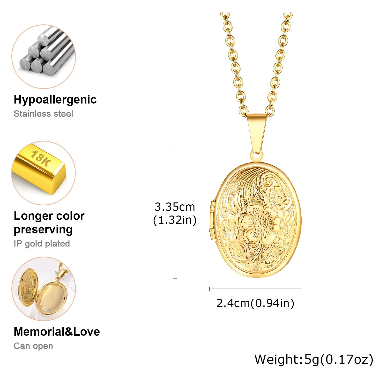 Vnox Light Heart Locket Pendants for Women Men Openable Photo Frame Glossy Stainless Ste detail view