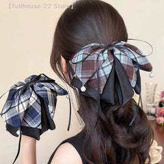 【MAX-22】Vintage Plaid Butterfly Knot Hair Clip Women's Back Of Head Bun Shark Hair Clip Hair Accessories