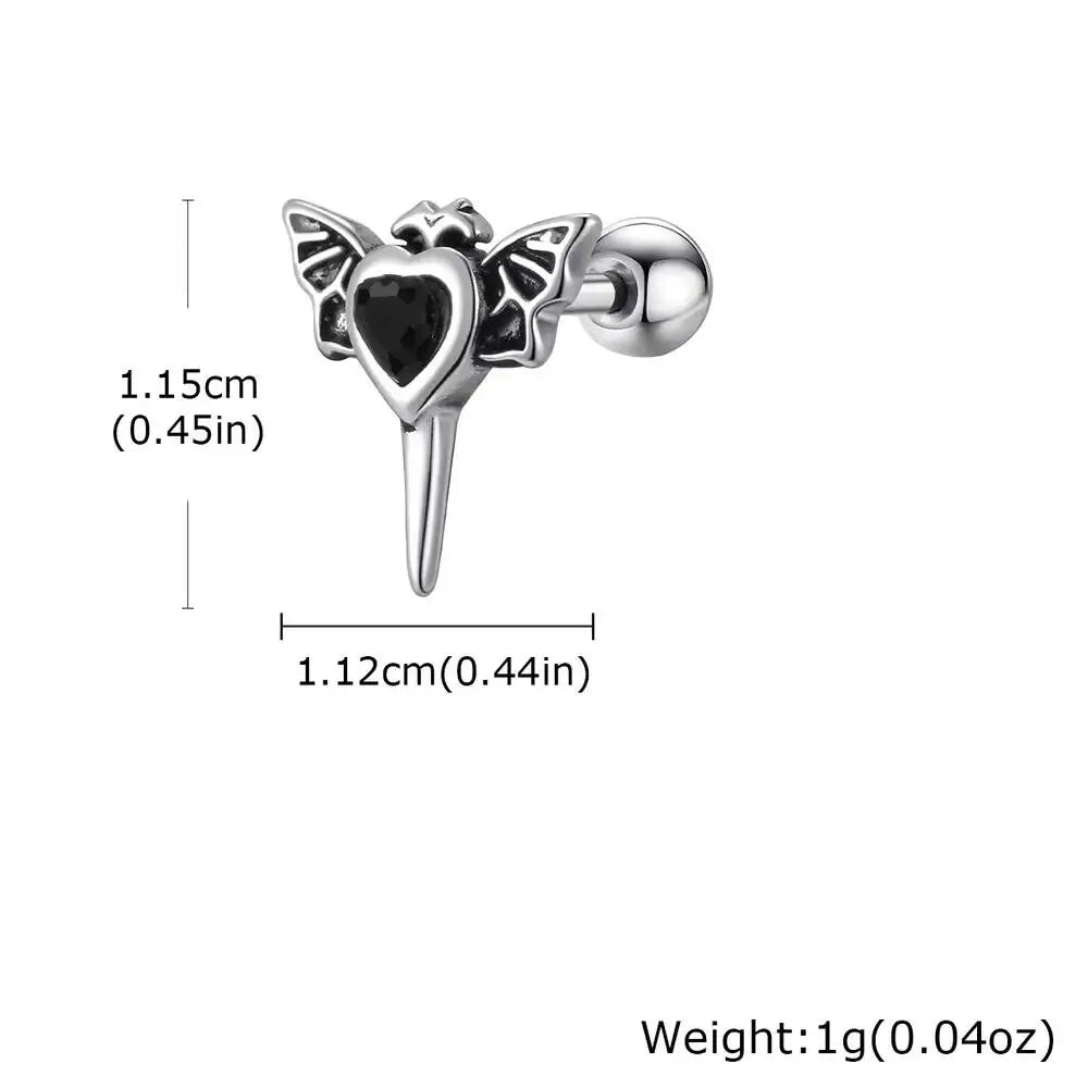 Stainless Steel Heart Zircon Wings Stud Earrings | Unisex Vintage Punk Gothic Jewelry detail view