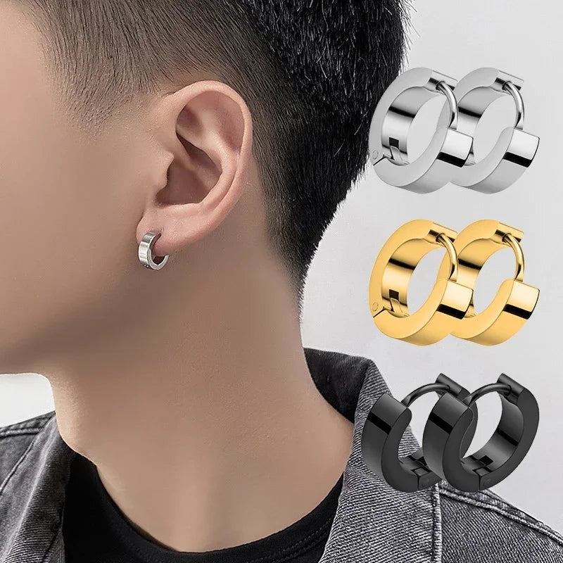 Unisex Punk Black Stainless Steel Hoop Earrings | Gothic Fake Earring Set lifestyle view