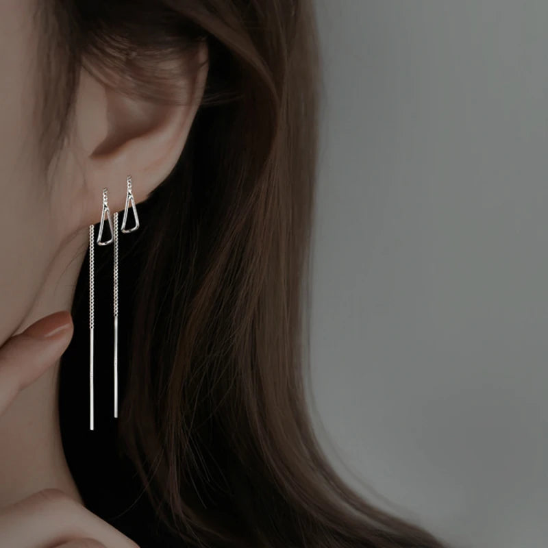 JWER S925 Silver Needle Star Line Earring for Women Tassel Drop Earring Long Chain Bea close-up view