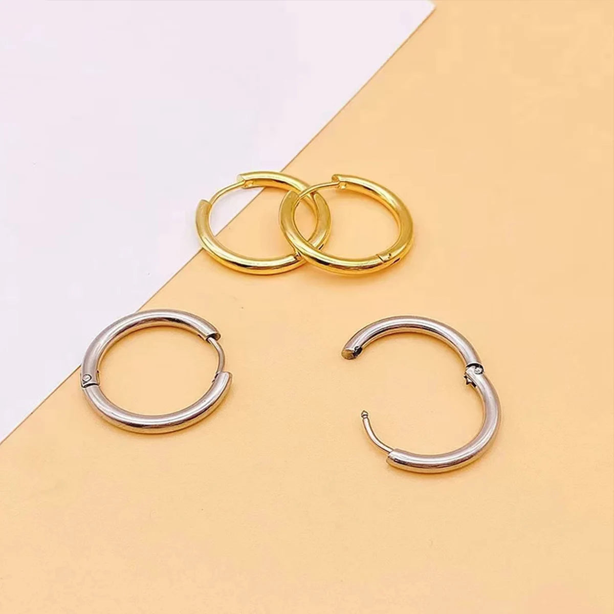 4 Pairs No Charms Stainless Steel Tiny Hoop Earrings Simple Silver/Gold Color Cirle additional angle