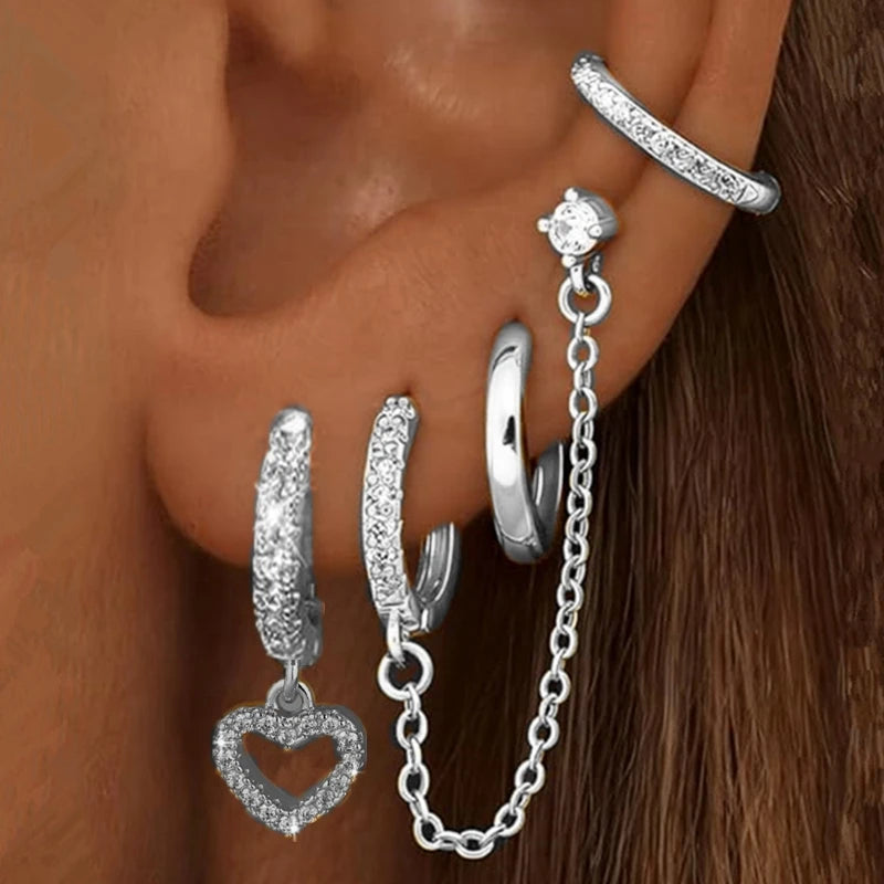 4PC Chain Huggie Earring Set | Flower Tragus Hoop Earrings for Women alternate view