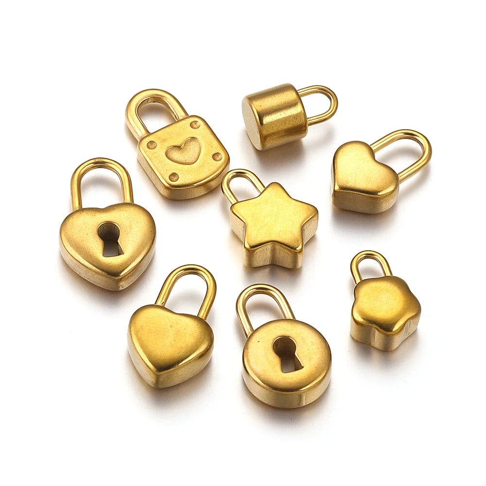 5pcs Stainless Steel Heart Lock Key Gold Plated Love Pendant Punk Hip Hop for DIY Neckla detail view