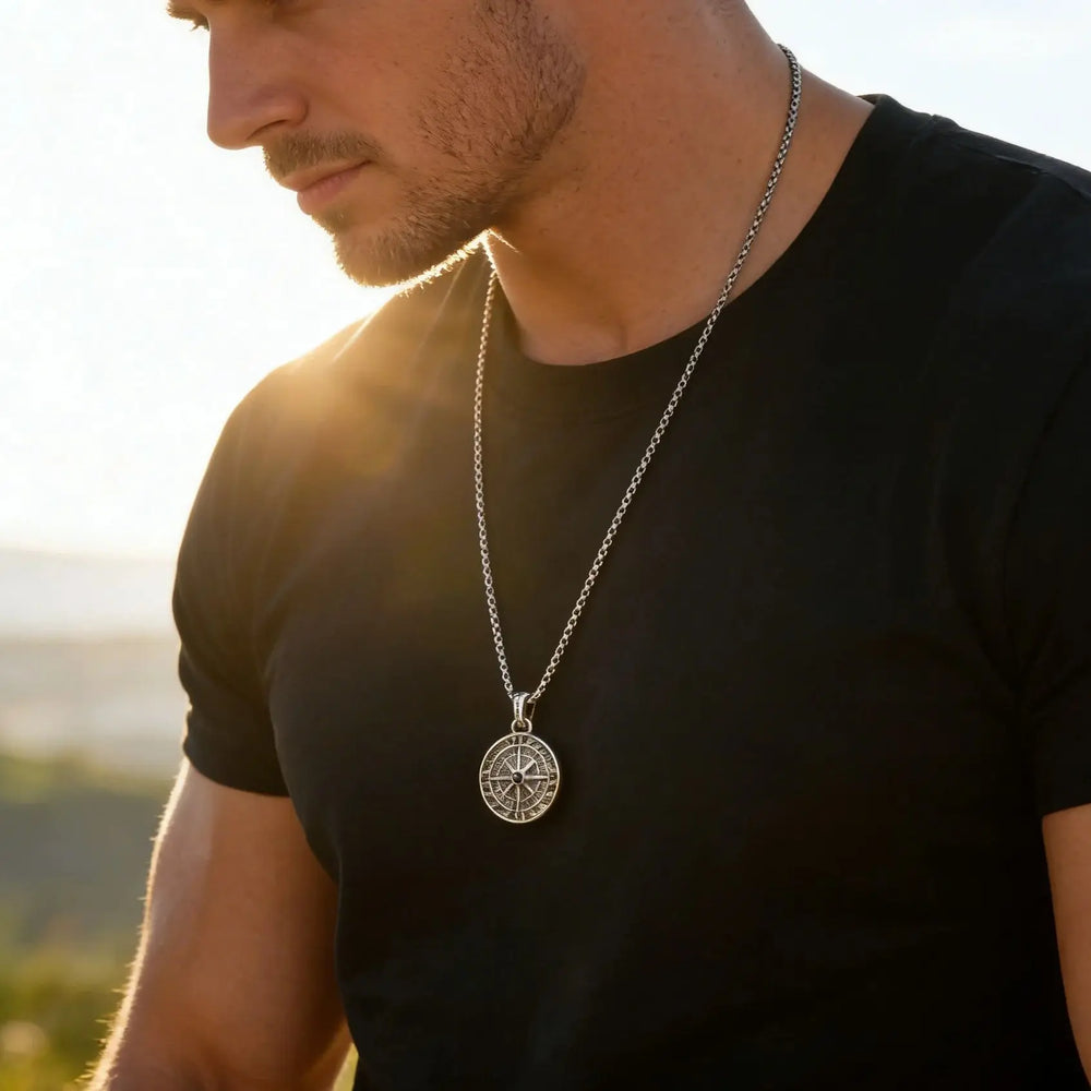 Men's Silver Color Geometric Pendant Necklace, Non Fading Stainless Steel Compass Nec lifestyle view