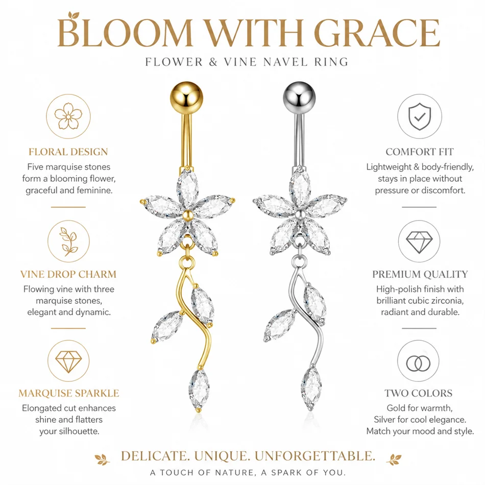 Stainless Steel Dangle Belly Button Ring Crystal Flower with Dangling Marquise Vine Tita detail view