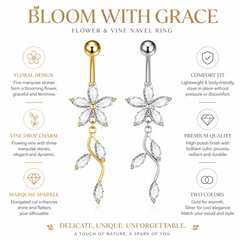 Stainless Steel Dangle Belly Button Ring Crystal Flower with Dangling Marquise Vine Tita detail view