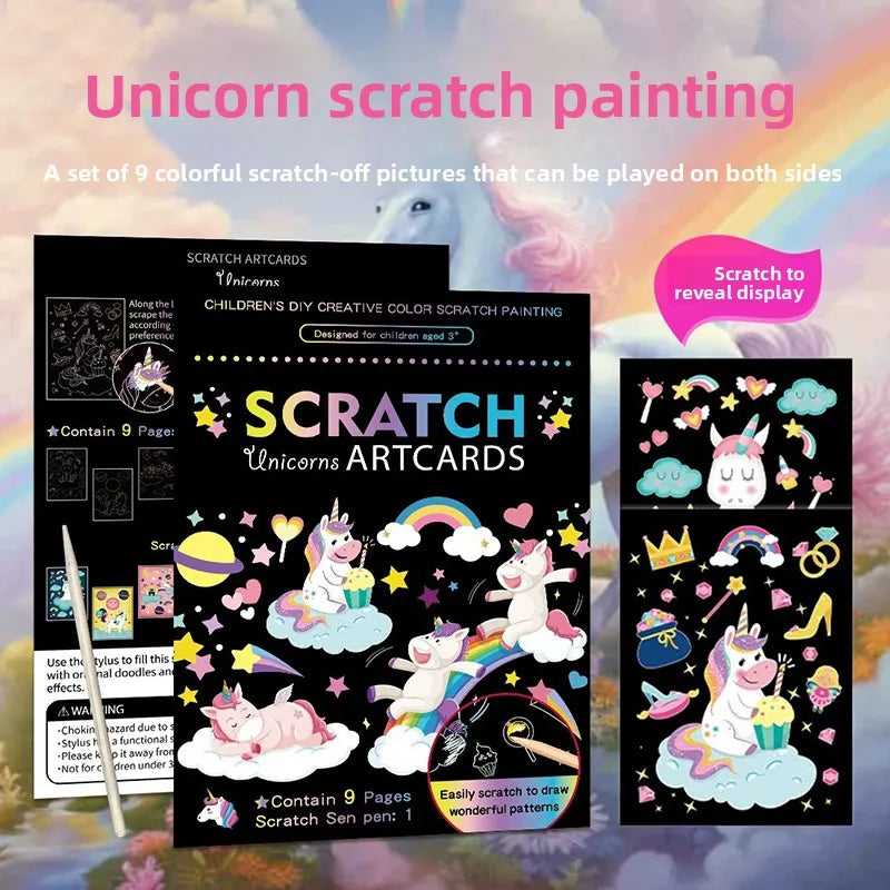 9Pcs/set Magic Rainbow Color Scratch Art Painting Paper Card Kit Cartoon Animal Drawi lifestyle view