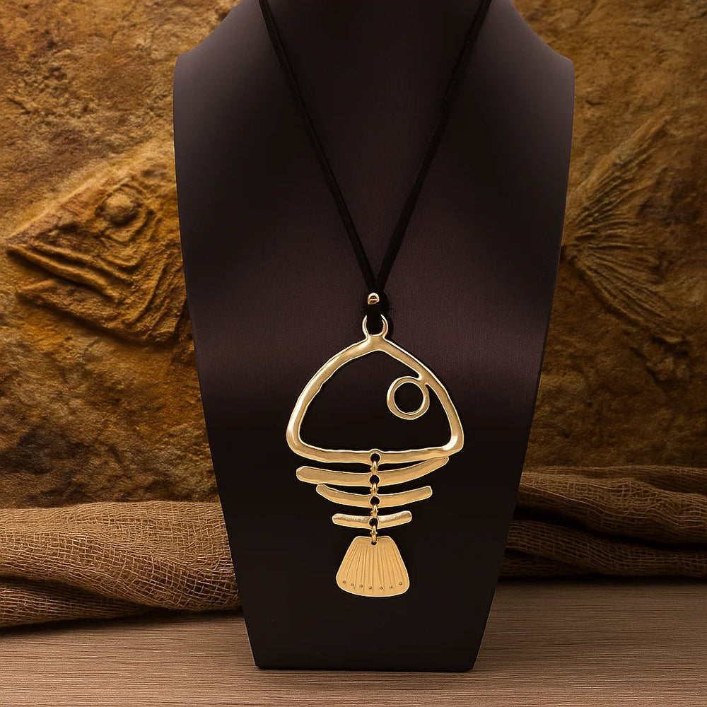 1 Piece Matte Golden Large Fishbone Punk Pendant Bohemia Long Chain Necklace Jewellery Gift For Woma