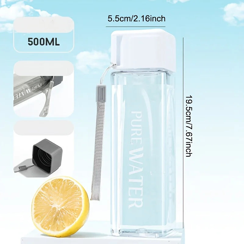 minimalist square plastic water cup, leak proof, with drawstring and lid, portable additional angle