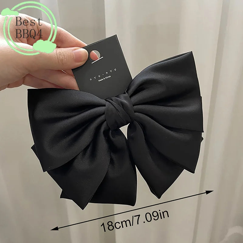 (BBQ4)Elegant Bow Ribbon Hair Clip Fashion Simple Solid Satin Spring Clip Hair Pin Retro Headband With Clip Girl Hair Accessory