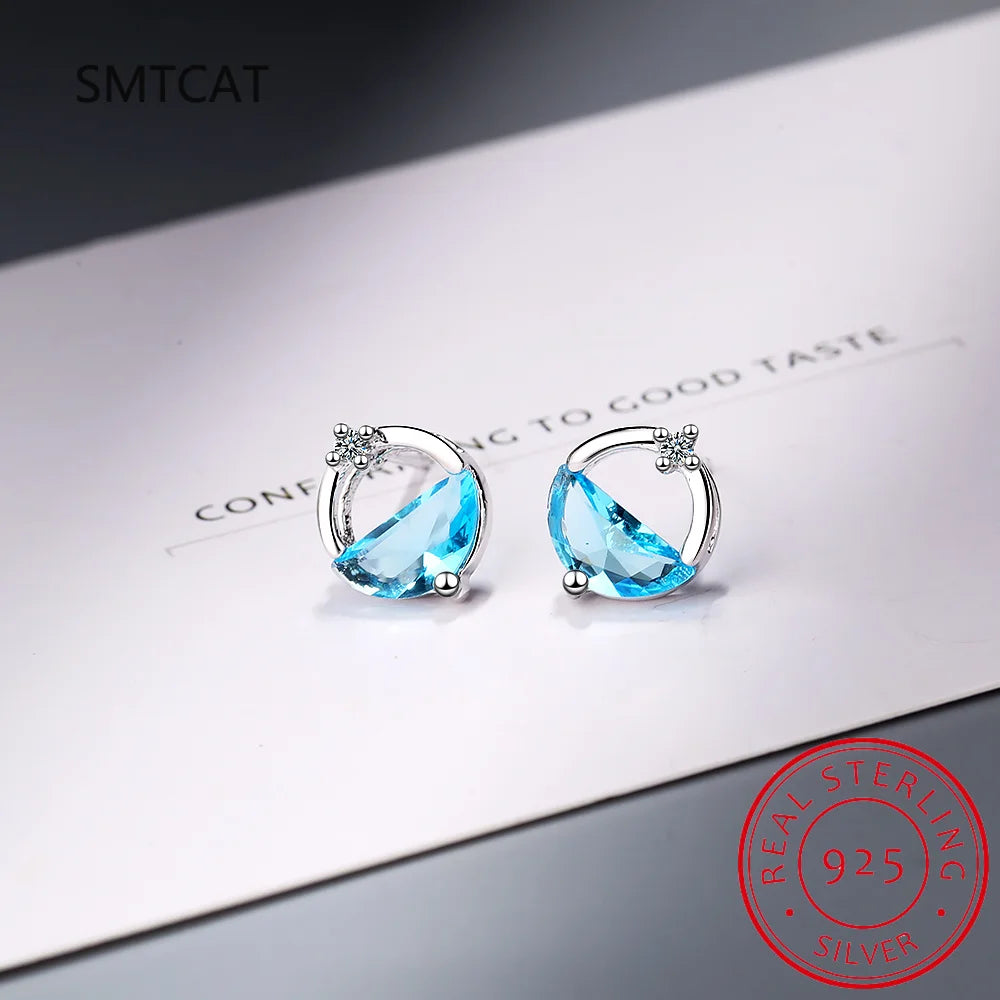 Half Round Natural Sky London Blue Topaz 925 Sterling Silver Spring Water Stud Earrin lifestyle view