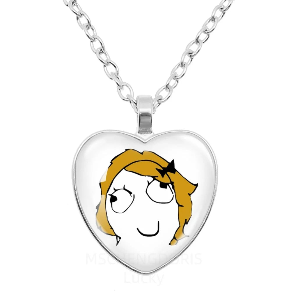 Rage Comic Necklace Derp Face Trollface Funny Meme Cartoon Glass Heart Shape Pendan additional angle