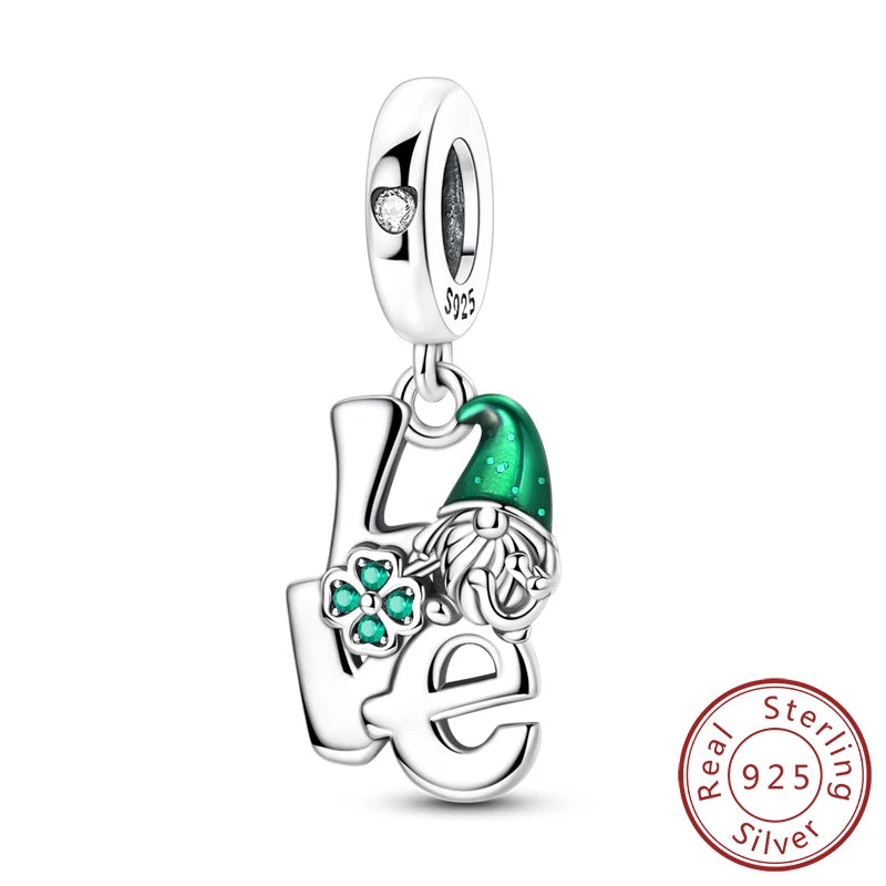 925 Sterling Silver Pendant Charms Beads Green Four-leaf Clover Love Family Tree Charm close-up view